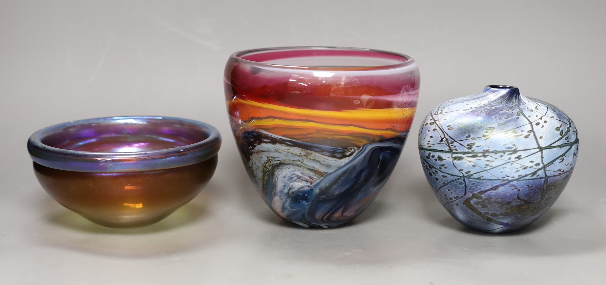 Anthony Stern (1944-2022), ‘seascape’ art glass vase, together with a Patrick Stern (b.1952) abstract art glass vase, together with another art glass vase, all signed, tallest 15cm high
